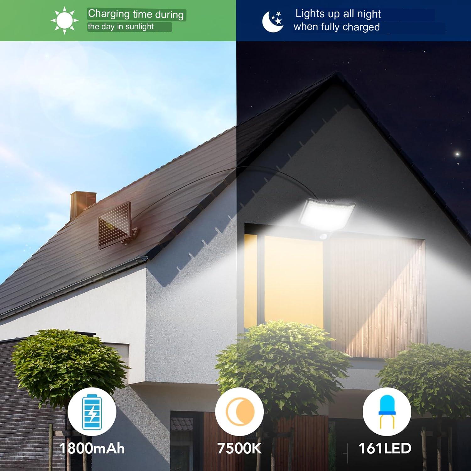 Lampa solara LED cu panou solar, unghi larg de 180º, senzor de miscare PIR, lumina 7500 lm, telecomanda, acumulator incorporat de 1800 mAh, impermeabila IP65, cu fir de 5 m, Benma