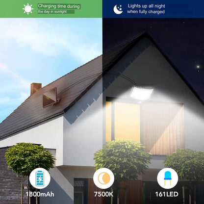 Lampa solara LED cu panou solar, unghi larg de 180º, senzor de miscare PIR, lumina 7500 lm, telecomanda, acumulator incorporat de 1800 mAh, impermeabila IP65, cu fir de 5 m, Benma
