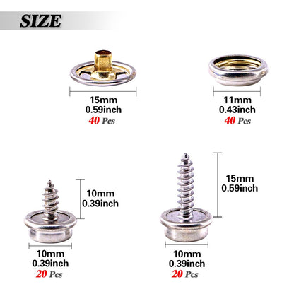 Set capse metalice din otel inoxidabil, 120 piese, butoane cu surub, cu unealta de fixare, de 15 mm, pentru prelate, panza, tapiterie, cu cutie de depozitare