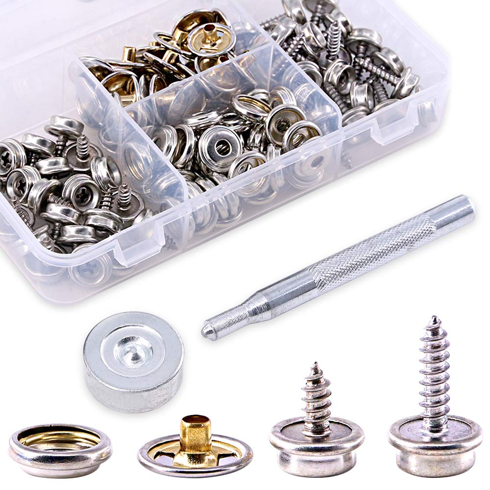 Set capse metalice din otel inoxidabil, 120 piese, butoane cu surub, cu unealta de fixare, de 15 mm, pentru prelate, panza, tapiterie, cu cutie de depozitare