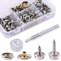 Set capse metalice din otel inoxidabil, 120 piese, butoane cu surub, cu unealta de fixare, de 15 mm, pentru prelate, panza, tapiterie, cu cutie de depozitare