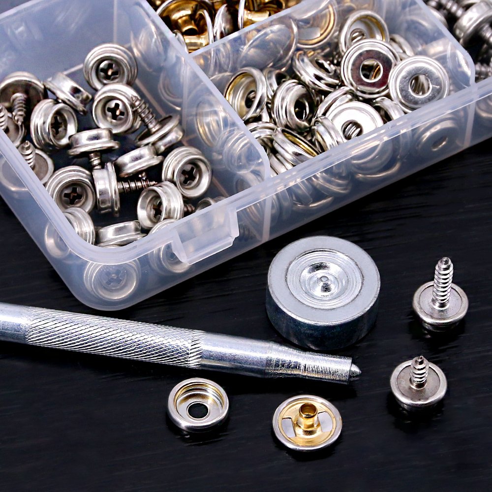 Set capse metalice din otel inoxidabil, 120 piese, butoane cu surub, cu unealta de fixare, de 15 mm, pentru prelate, panza, tapiterie, cu cutie de depozitare