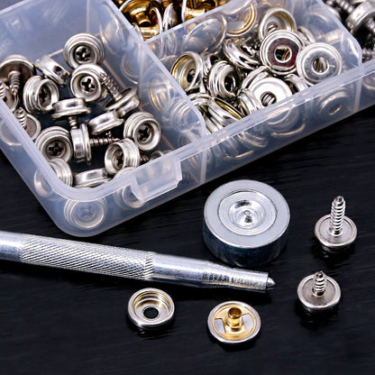 Set capse metalice din otel inoxidabil, 120 piese, butoane cu surub, cu unealta de fixare, de 15 mm, pentru prelate, panza, tapiterie, cu cutie de depozitare