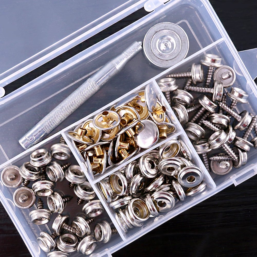 Set capse metalice din otel inoxidabil, 120 piese, butoane cu surub, cu unealta de fixare, de 15 mm, pentru prelate, panza, tapiterie, cu cutie de depozitare