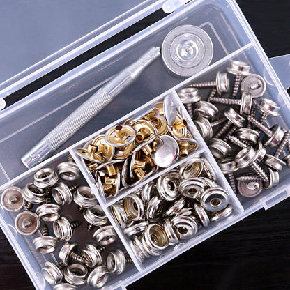 Set capse metalice din otel inoxidabil, 120 piese, butoane cu surub, cu unealta de fixare, de 15 mm, pentru prelate, panza, tapiterie, cu cutie de depozitare