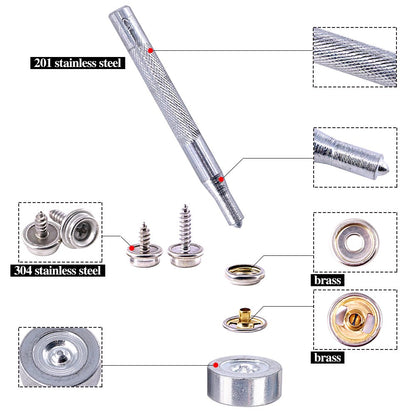 Set capse metalice din otel inoxidabil, 120 piese, butoane cu surub, cu unealta de fixare, de 15 mm, pentru prelate, panza, tapiterie, cu cutie de depozitare