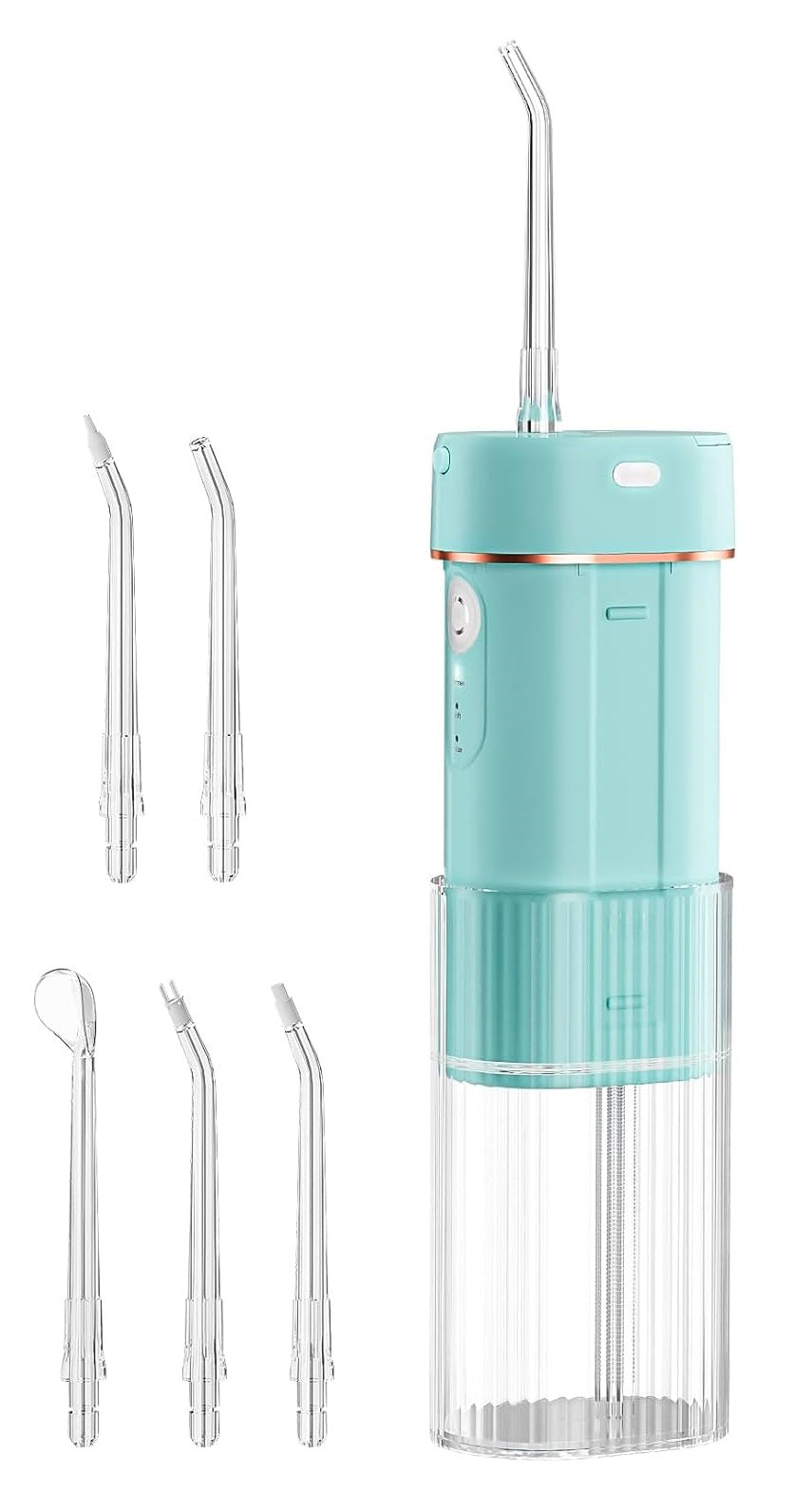 Irigator oral profesional pentru dus bucal, cu 6 capete si 3 moduri de functionare, rezervor de 190ml detasabil, acumulator 1100 mAh reincarcabil cu USB-C, pentru curatarea dintilor