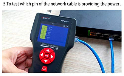 Tester cablu de retea pentru RJ45, RJ11, BNC, UTP, Coaxial, cu functie testare continuitate, lungime, POE, PING, cu 8 telecomenzi, functie memorie cu slot card TF, incarcare USB, Noyafa NF-8601W-A