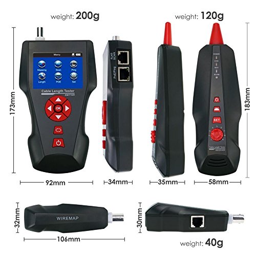 Tester cablu de retea pentru RJ45, RJ11, BNC, UTP, Coaxial, cu functie testare continuitate, lungime, POE, PING, cu 8 telecomenzi, functie memorie cu slot card TF, incarcare USB, Noyafa NF-8601W-A