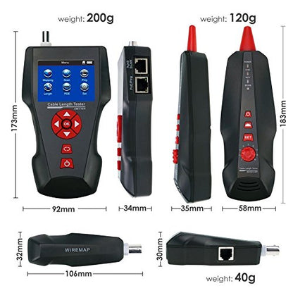 Tester cablu de retea pentru RJ45, RJ11, BNC, UTP, Coaxial, cu functie testare continuitate, lungime, POE, PING, cu 8 telecomenzi, functie memorie cu slot card TF, incarcare USB, Noyafa NF-8601W-A