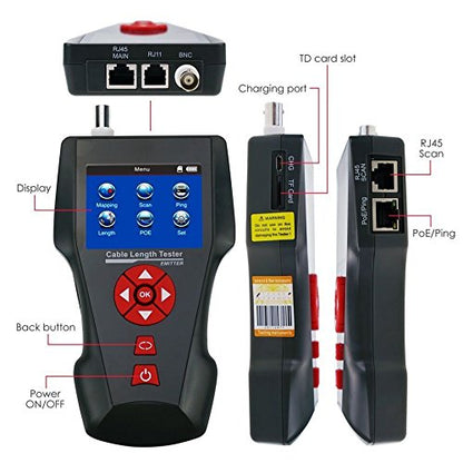 Tester cablu de retea pentru RJ45, RJ11, BNC, UTP, Coaxial, cu functie testare continuitate, lungime, POE, PING, cu 8 telecomenzi, functie memorie cu slot card TF, incarcare USB, Noyafa NF-8601W-A