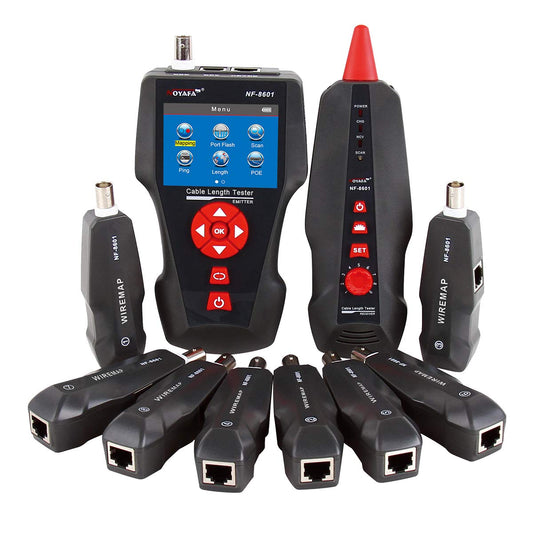 Tester cablu de retea pentru RJ45, RJ11, BNC, UTP, Coaxial, cu functie testare continuitate, lungime, POE, PING, cu 8 telecomenzi, functie memorie cu slot card TF, incarcare USB, Noyafa NF-8601W-A