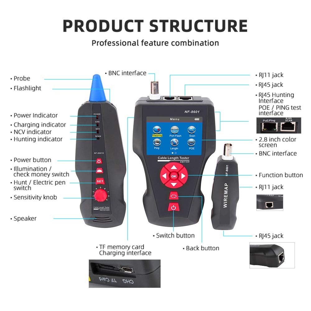 Tester cablu de retea pentru RJ45, RJ11, BNC, UTP, Coaxial, cu functie testare continuitate, lungime, POE, PING, cu 8 telecomenzi, functie memorie cu slot card TF, incarcare USB, Noyafa NF-8601W-A