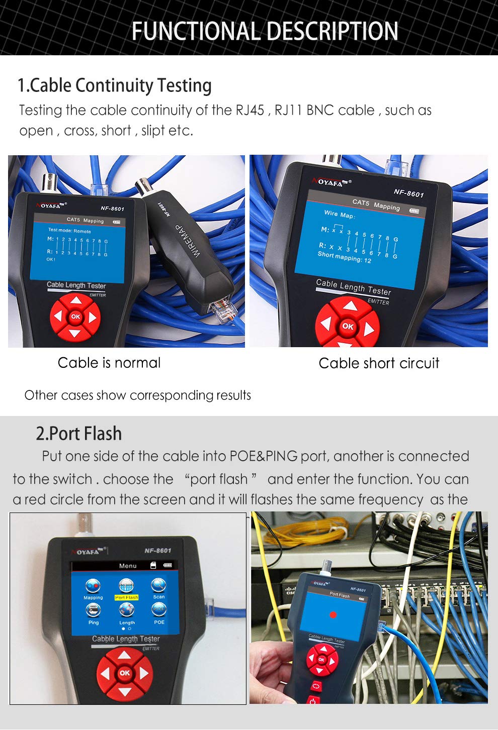 Tester cablu de retea pentru RJ45, RJ11, BNC, UTP, Coaxial, cu functie testare continuitate, lungime, POE, PING, cu 8 telecomenzi, functie memorie cu slot card TF, incarcare USB, Noyafa NF-8601W-A
