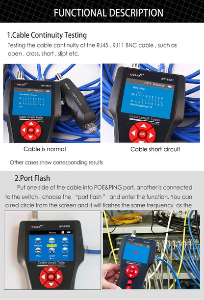 Tester cablu de retea pentru RJ45, RJ11, BNC, UTP, Coaxial, cu functie testare continuitate, lungime, POE, PING, cu 8 telecomenzi, functie memorie cu slot card TF, incarcare USB, Noyafa NF-8601W-A