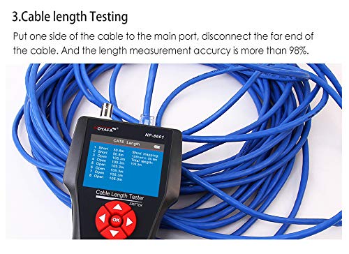 Tester cablu de retea pentru RJ45, RJ11, BNC, UTP, Coaxial, cu functie testare continuitate, lungime, POE, PING, cu 8 telecomenzi, functie memorie cu slot card TF, incarcare USB, Noyafa NF-8601W-A
