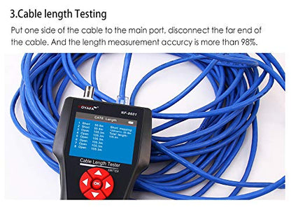 Tester cablu de retea pentru RJ45, RJ11, BNC, UTP, Coaxial, cu functie testare continuitate, lungime, POE, PING, cu 8 telecomenzi, functie memorie cu slot card TF, incarcare USB, Noyafa NF-8601W-A
