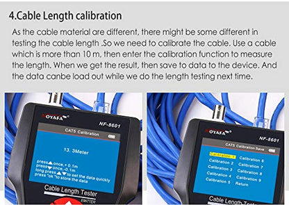 Tester cablu de retea pentru RJ45, RJ11, BNC, UTP, Coaxial, cu functie testare continuitate, lungime, POE, PING, cu 8 telecomenzi, functie memorie cu slot card TF, incarcare USB, Noyafa NF-8601W-A