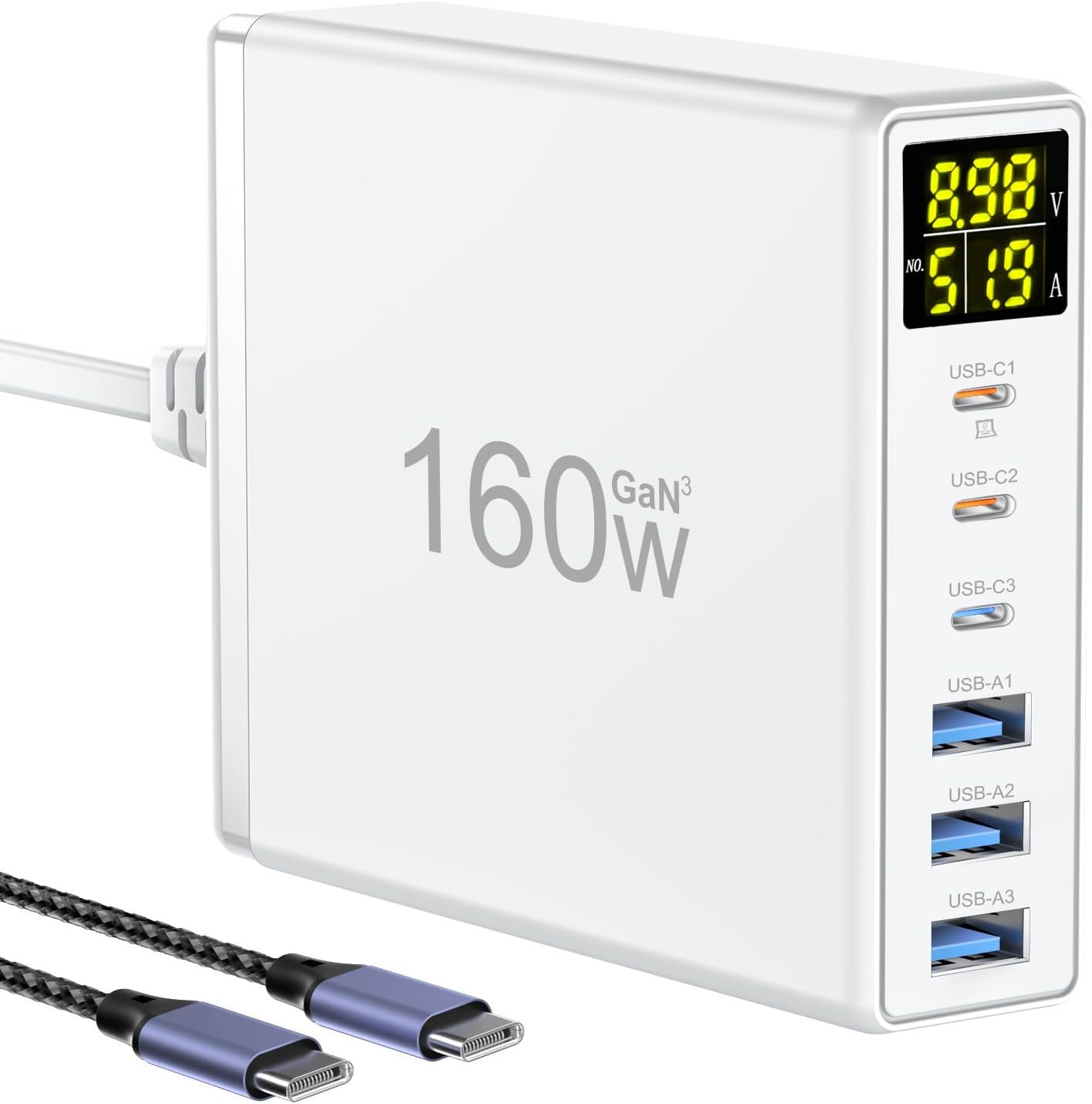 Incarcator retea 160 W USBC GaN, statie de incarcare cu 6 porturi, display LED, 3 porturi USB-C si 3 porturi USB A, incarcare rapida, pentru pentru MacBook Pro, Laptop, iPhone, iPad, Samsung