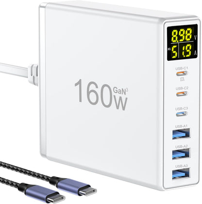 Incarcator retea 160 W USBC GaN, statie de incarcare cu 6 porturi, display LED, 3 porturi USB-C si 3 porturi USB A, incarcare rapida, pentru pentru MacBook Pro, Laptop, iPhone, iPad, Samsung
