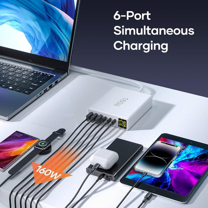 Incarcator retea 160 W USBC GaN, statie de incarcare cu 6 porturi, display LED, 3 porturi USB-C si 3 porturi USB A, incarcare rapida, pentru pentru MacBook Pro, Laptop, iPhone, iPad, Samsung