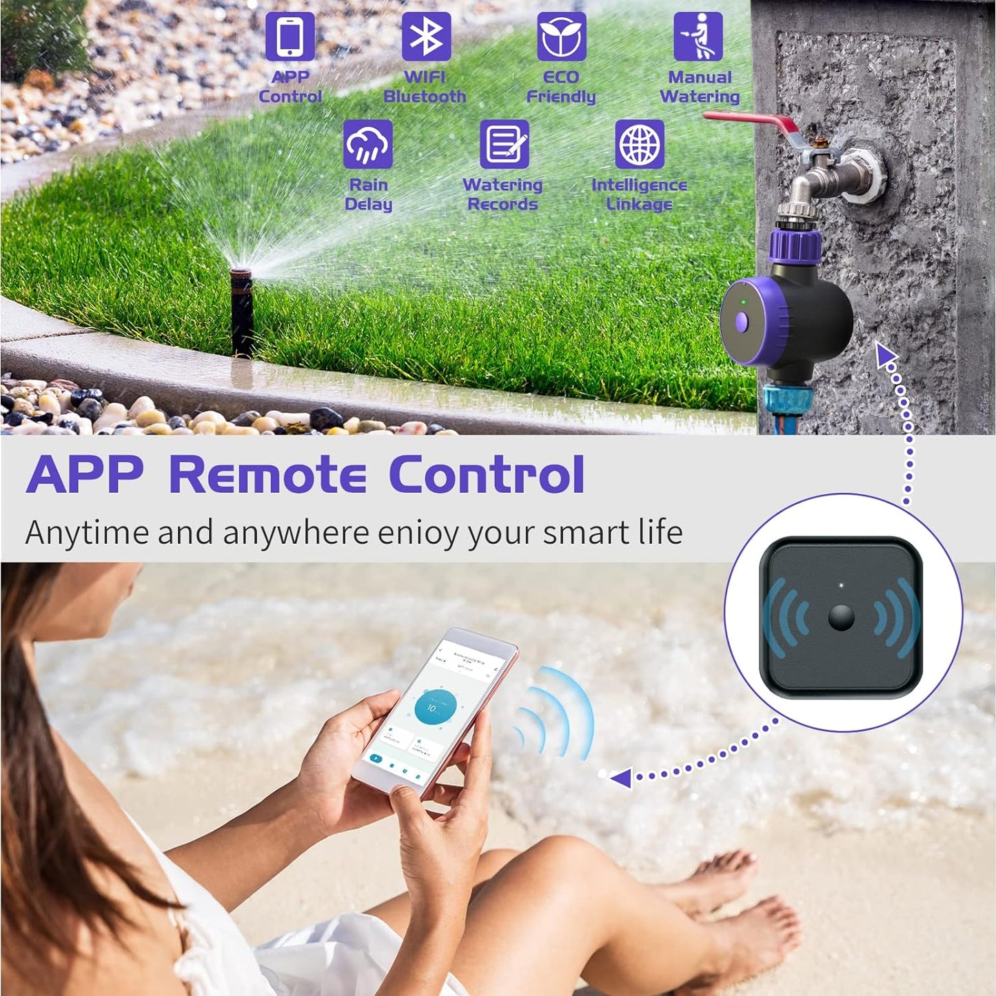 Programator irigare/udare WiFi 2,4 GHz, control prin aplicatie automat sau manual, temporizator smart impermeabil, rezistent UV, pentru gazon, gradina, exterior