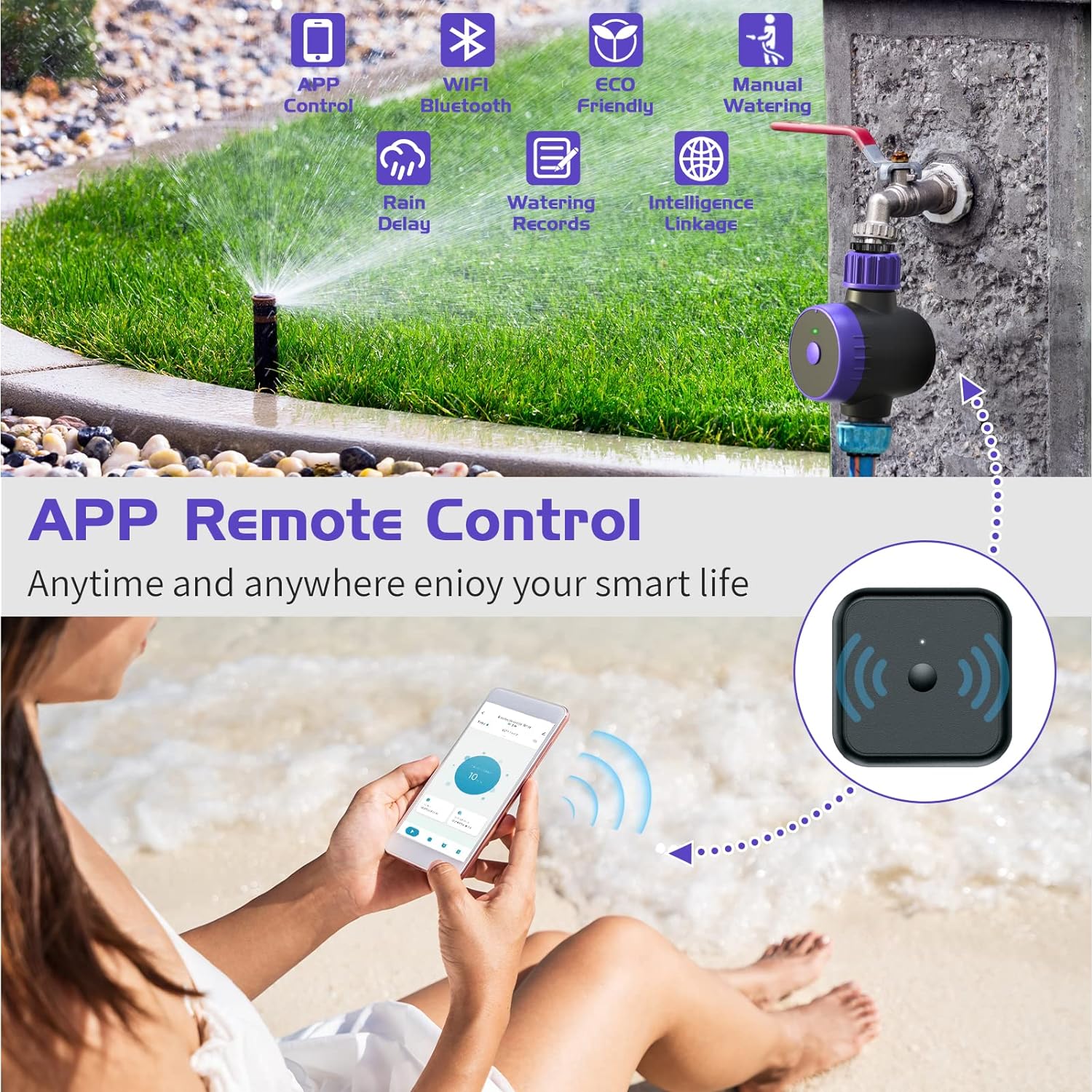Programator irigare/udare WiFi 2,4 GHz, control prin aplicatie automat sau manual, temporizator smart impermeabil, rezistent UV, pentru gazon, gradina, exterior