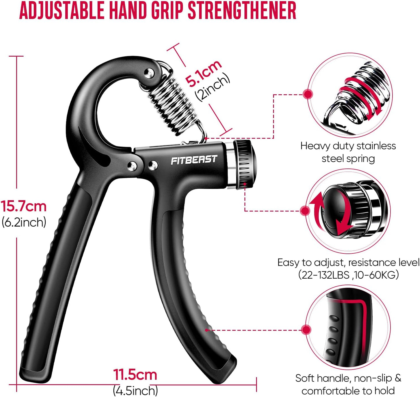Set flexor cu 5 piese, cu minge de recuperare, inel flexor de cauciuc, dispozitiv antrenament degete, 10-60 Kg, FitBeast