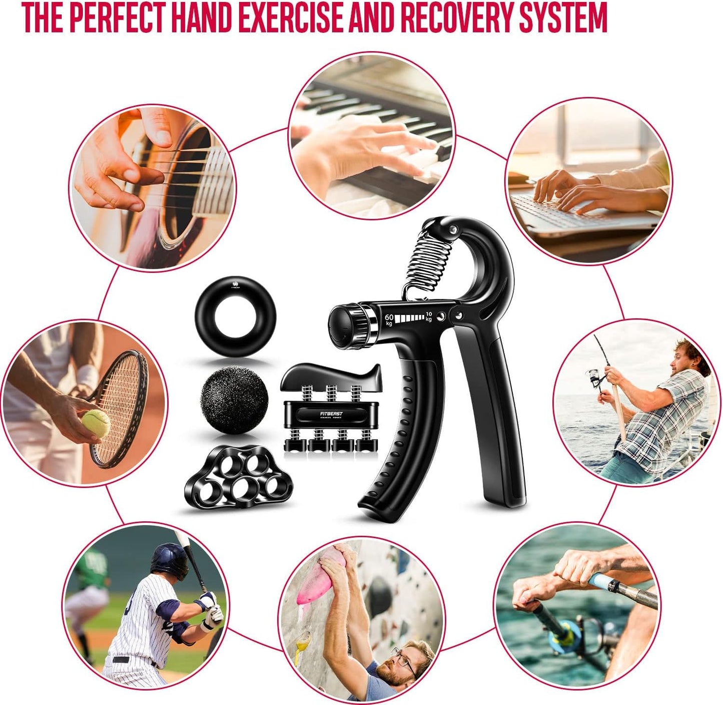 Set flexor cu 5 piese, cu minge de recuperare, inel flexor de cauciuc, dispozitiv antrenament degete, 10-60 Kg, FitBeast