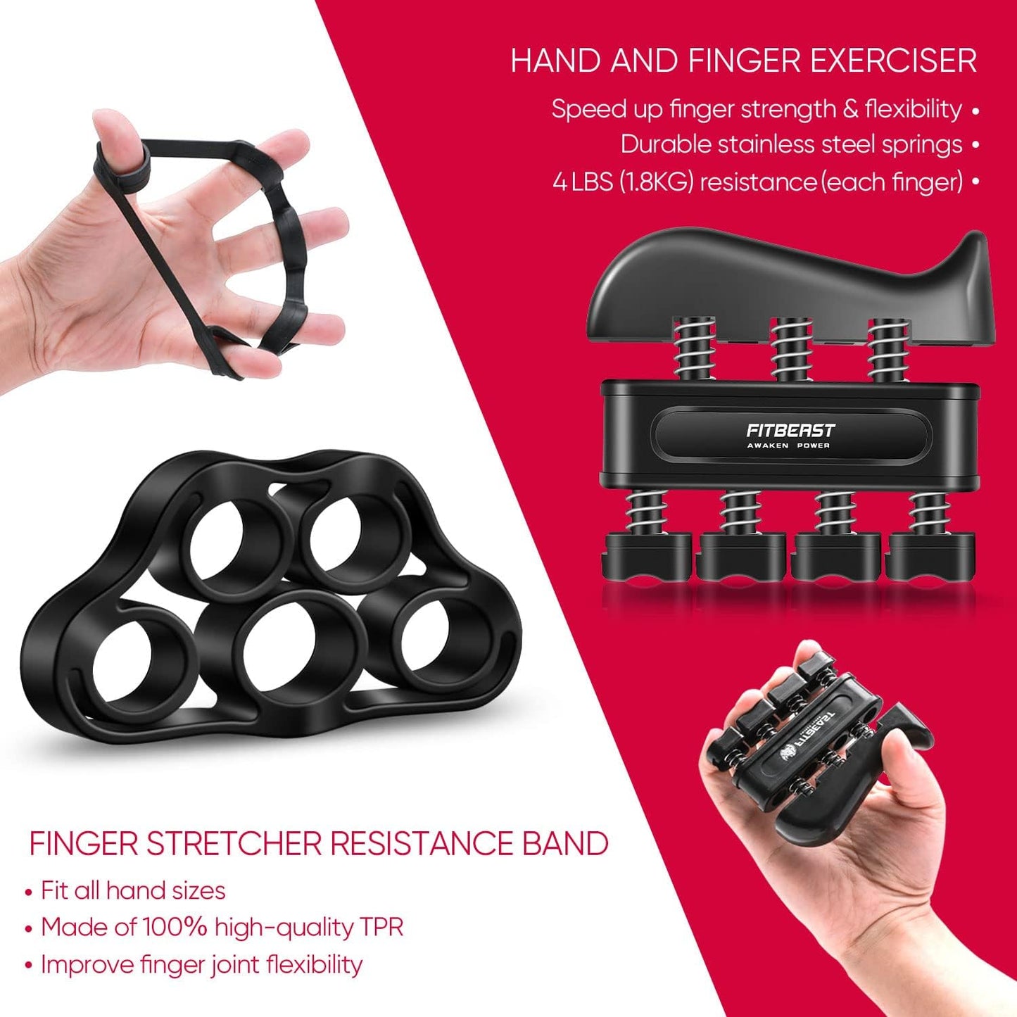 Set flexor cu 5 piese, cu minge de recuperare, inel flexor de cauciuc, dispozitiv antrenament degete, 10-60 Kg, FitBeast