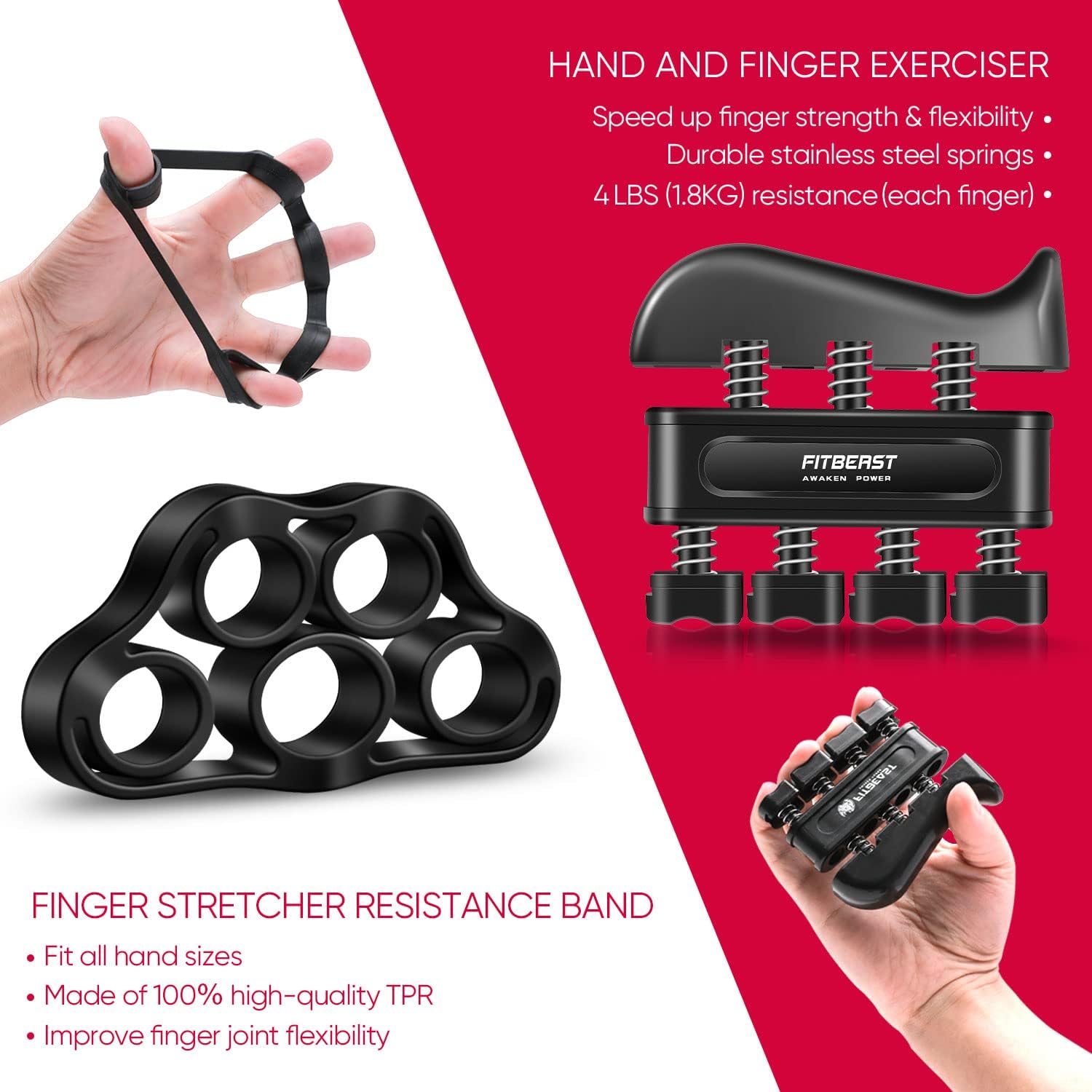 Set flexor cu 5 piese, cu minge de recuperare, inel flexor de cauciuc, dispozitiv antrenament degete, 10-60 Kg, FitBeast