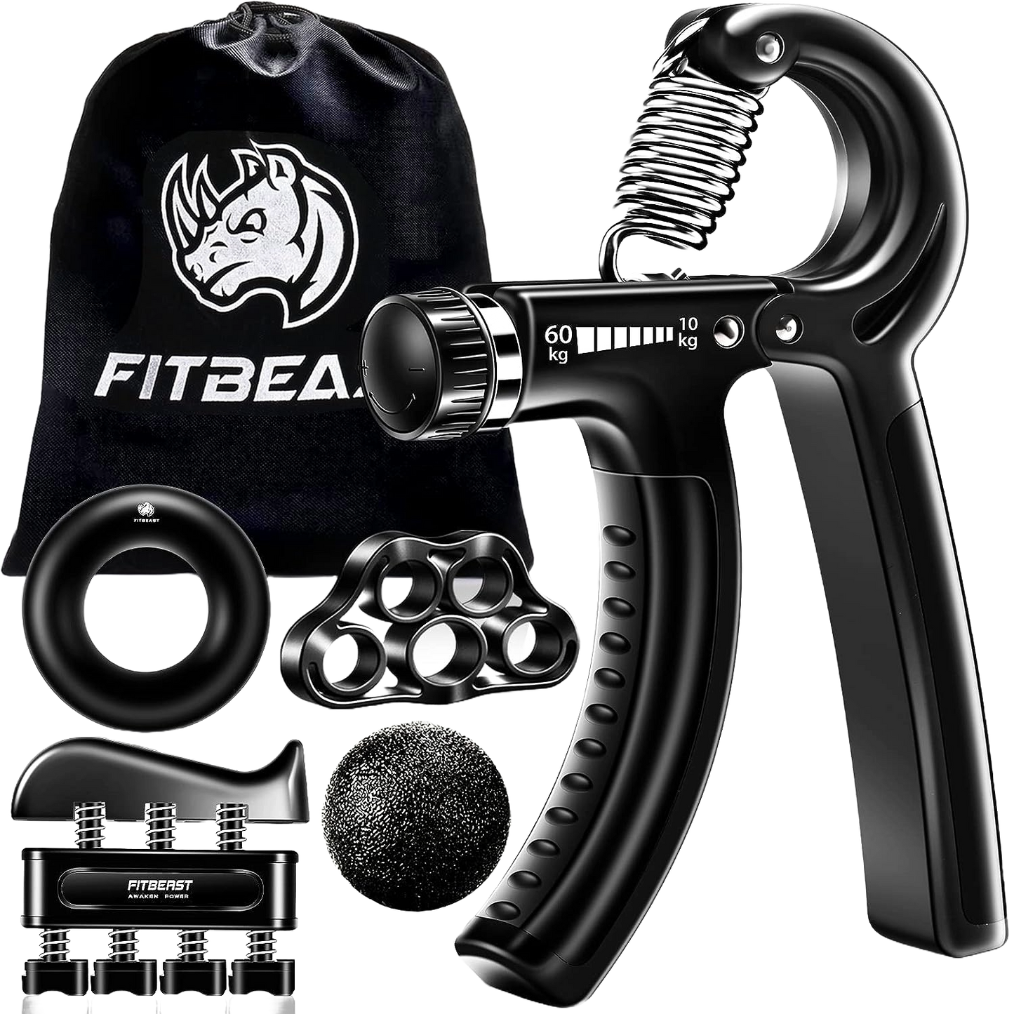 Set flexor cu 5 piese, cu minge de recuperare, inel flexor de cauciuc, dispozitiv antrenament degete, 10-60 Kg, FitBeast