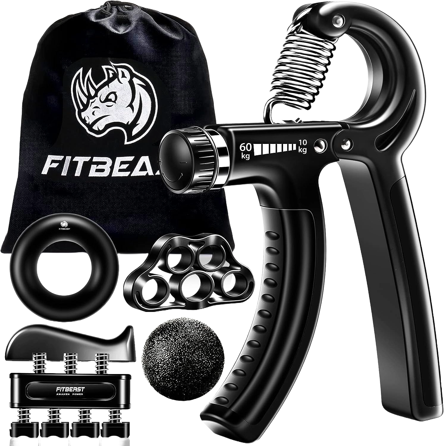 Set flexor cu 5 piese, cu minge de recuperare, inel flexor de cauciuc, dispozitiv antrenament degete, 10-60 Kg, FitBeast