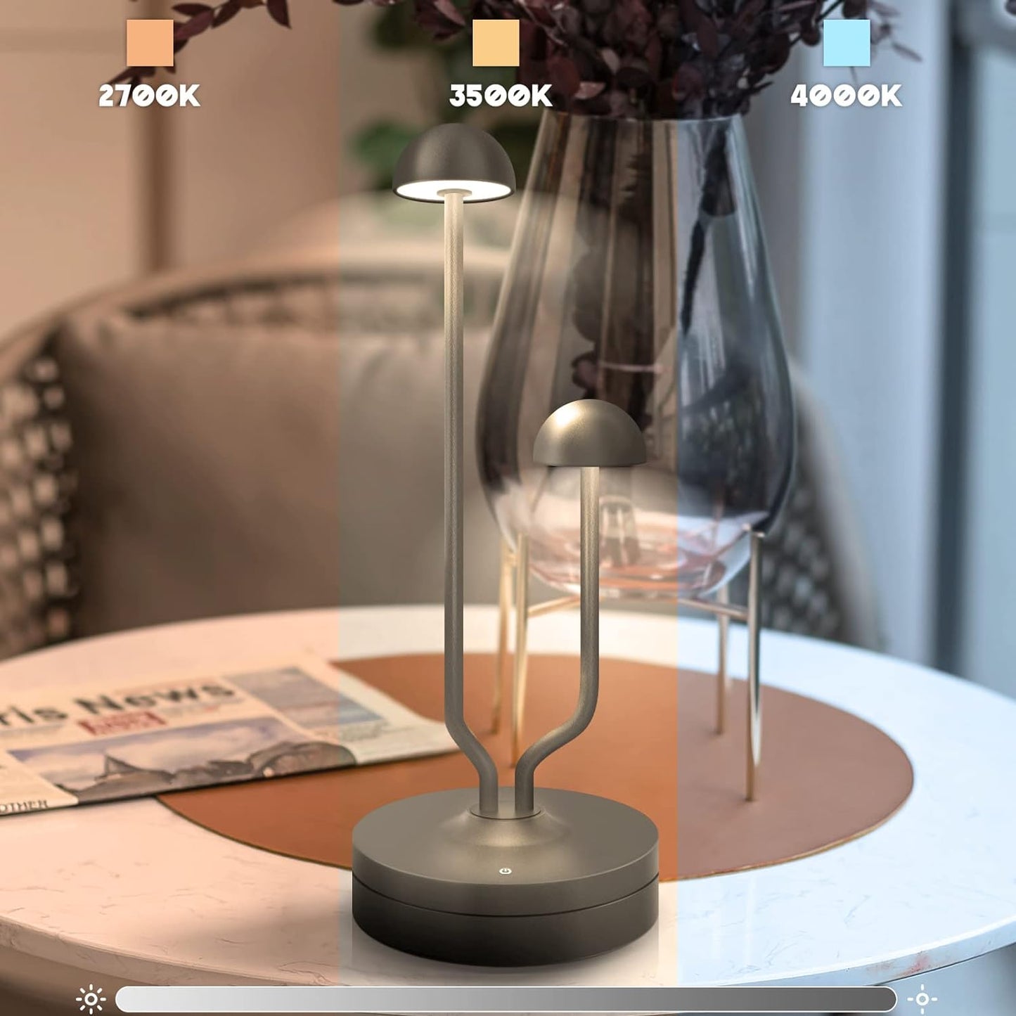 Lampa de masa LED wireless, cu acumulator 4000 mAh incorporat, impermeabila IP44, dimabila, buton cu touch, pentru interior si exterior, hotel, restaurant, terasa, gradina, casa