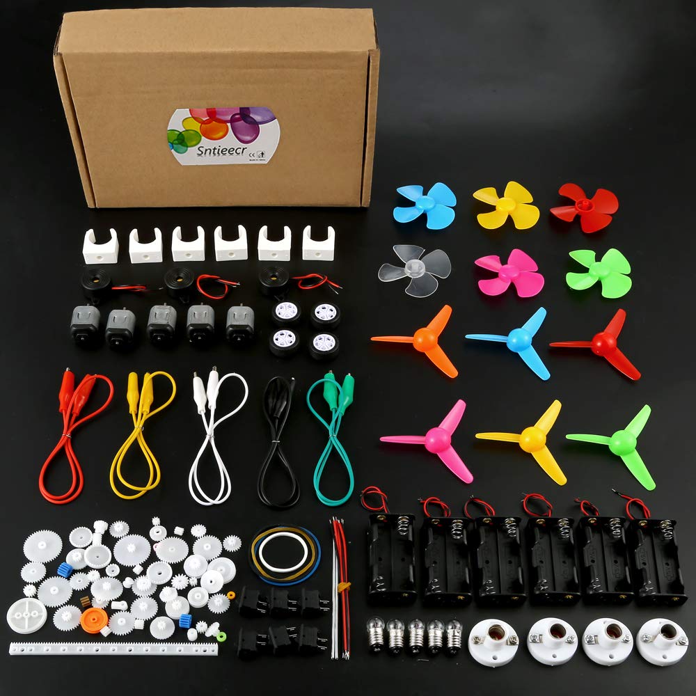 Set de 6 motor DC 1.5V - 3V, 15000 RPM, cu elice, becuri, sonerie, roti dintate, intrerupatoare, carcase cu suport baterie, cleme tip crocodil, tub termocontractil, pentru jucarii, experimente, DIY, D-005C
