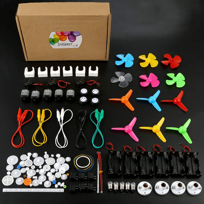 Set de 6 motor DC 1.5V - 3V, 15000 RPM, cu elice, becuri, sonerie, roti dintate, intrerupatoare, carcase cu suport baterie, cleme tip crocodil, tub termocontractil, pentru jucarii, experimente, DIY, D-005C