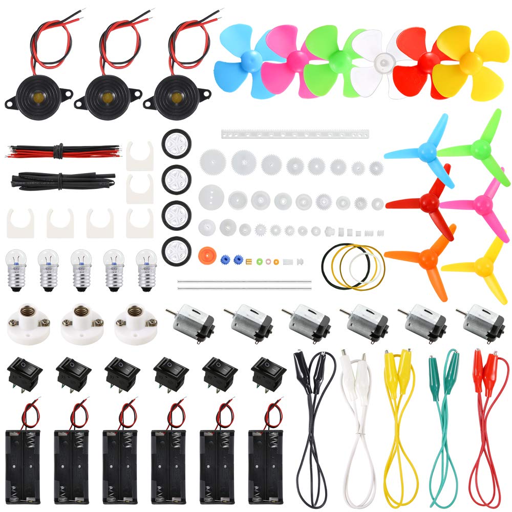 Set de 6 motor DC 1.5V - 3V, 15000 RPM, cu elice, becuri, sonerie, roti dintate, intrerupatoare, carcase cu suport baterie, cleme tip crocodil, tub termocontractil, pentru jucarii, experimente, DIY, D-005C