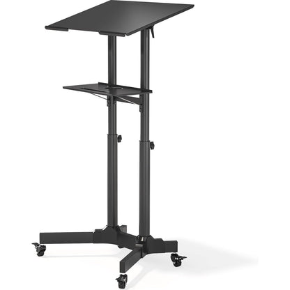 Suport mobil pentru laptop, stand cu inaltime reglabila, suporta greutate pana la 20 kg, unghi reglabil 0-40°, roti cu blocare, multifunctional, negru