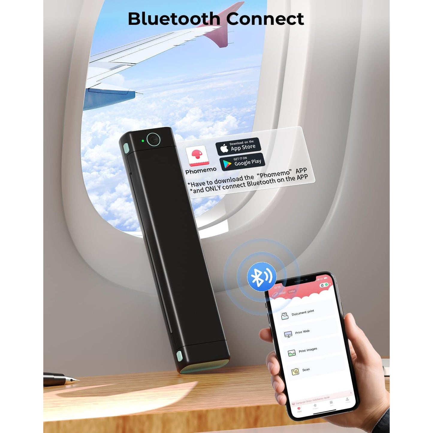 Imprimanta termica Bluetooth, imprimare pe hartie termica A4, portabila, acumulator 1200 mAh, printare fara tus, pentru tatuaje, business, calatorii, compatibil iOS, Android, PC, Laptop