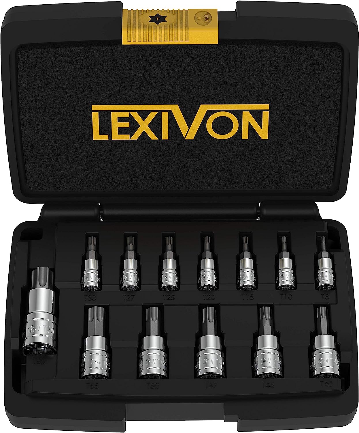 Set chei tubulare cu biti torx, trusa cu 13 piese Torx T8 - T60, din otel aliat Premium S2, in cutie de depozitare si transport, Lexivon LX-143