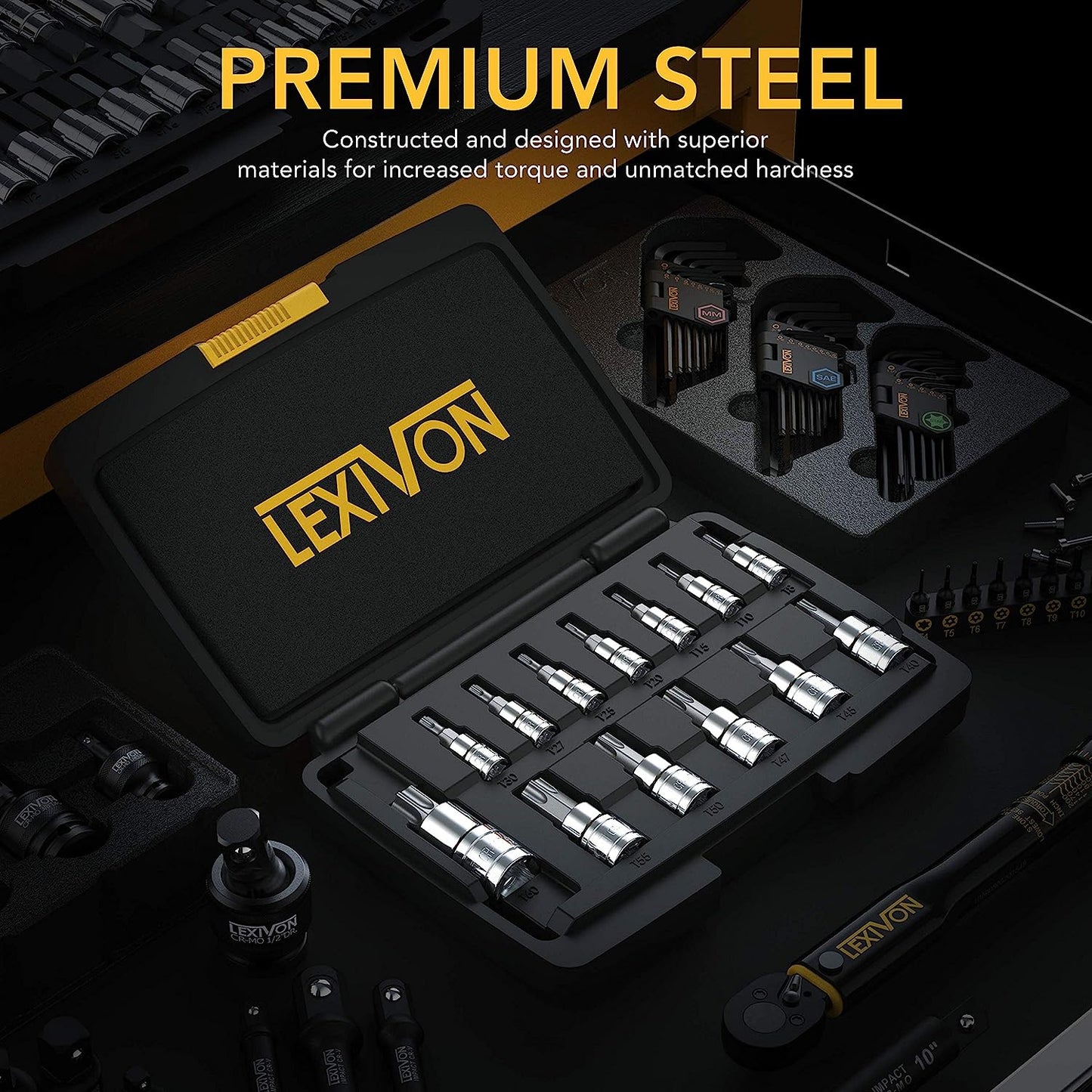 Set chei tubulare cu biti torx, trusa cu 13 piese Torx T8 - T60, din otel aliat Premium S2, in cutie de depozitare si transport, Lexivon LX-143