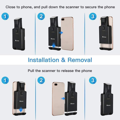 Cititor coduri de bare 1D 2D QR, scanner portabil pentru smartphone, cu acumulator 1600 mAh incorporat, 3 butoane, scanare manuala sau continua