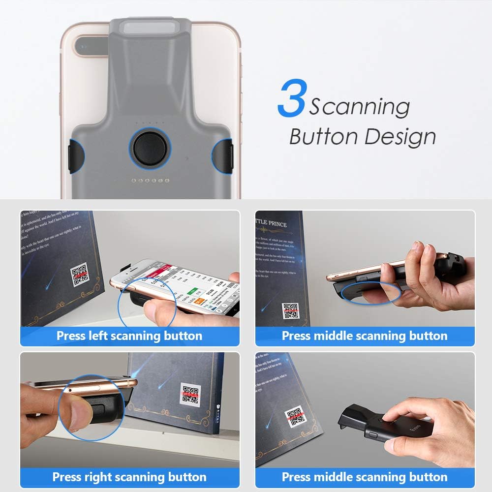 Cititor coduri de bare 1D 2D QR, scanner portabil pentru smartphone, cu acumulator 1600 mAh incorporat, 3 butoane, scanare manuala sau continua