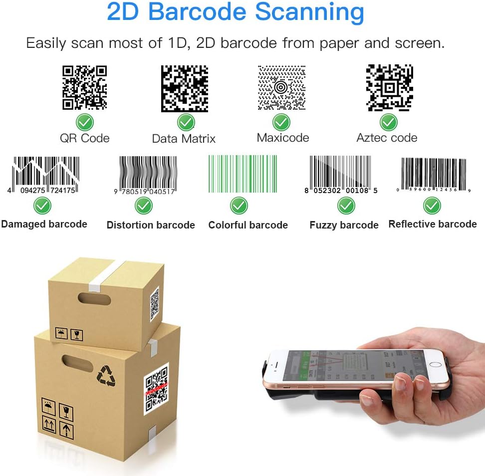 Cititor coduri de bare 1D 2D QR, scanner portabil pentru smartphone, cu acumulator 1600 mAh incorporat, 3 butoane, scanare manuala sau continua