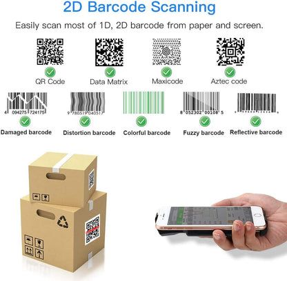 Cititor coduri de bare 1D 2D QR, scanner portabil pentru smartphone, cu acumulator 1600 mAh incorporat, 3 butoane, scanare manuala sau continua