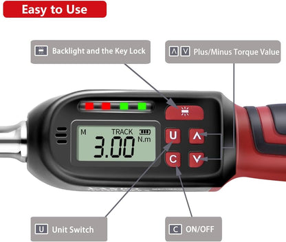 Cheie dinamometrica digitala 3/8 inch cu adaptor la 1/4 inch, cuplu 3-60 Nm, cu display LCD, alerta sonora, tija de prelungire, cu cutie de depozitare