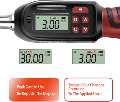 Cheie dinamometrica digitala 3/8 inch cu adaptor la 1/4 inch, cuplu 3-60 Nm, cu display LCD, alerta sonora, tija de prelungire, cu cutie de depozitare
