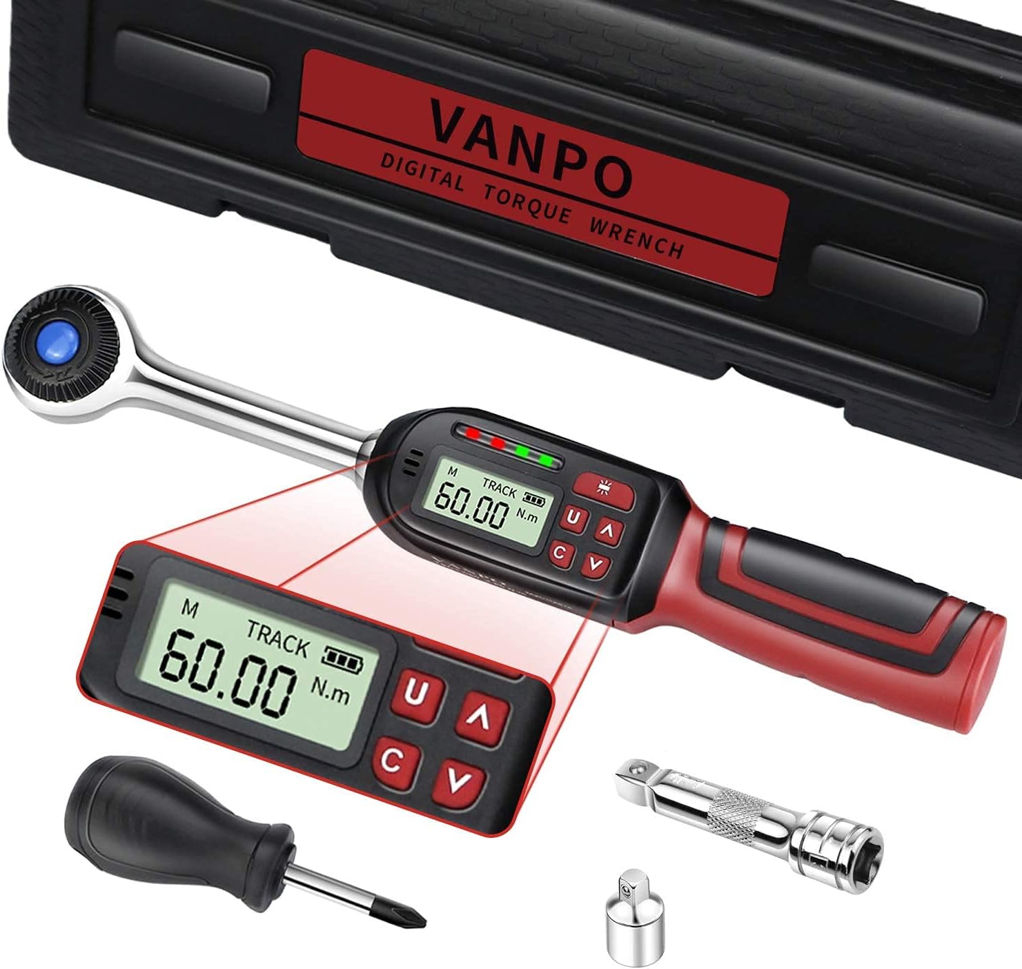 Cheie dinamometrica digitala 3/8 inch cu adaptor la 1/4 inch, cuplu 3-60 Nm, cu display LCD, alerta sonora, tija de prelungire, cu cutie de depozitare