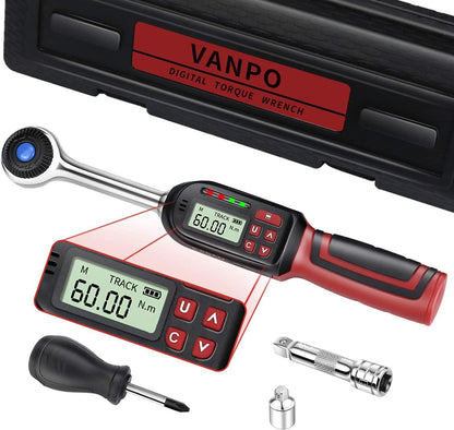 Cheie dinamometrica digitala 3/8 inch cu adaptor la 1/4 inch, cuplu 3-60 Nm, cu display LCD, alerta sonora, tija de prelungire, cu cutie de depozitare