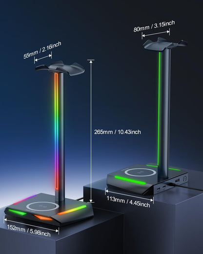 Suport RGB casti gaming, cu incarcator wireless, 2 porturi USB-C si USB 2.0, 11 moduri iluminare, antiderapant, New Bee, negru